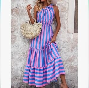 Pretty Garden Striped Pink and Blue Maxi Dress